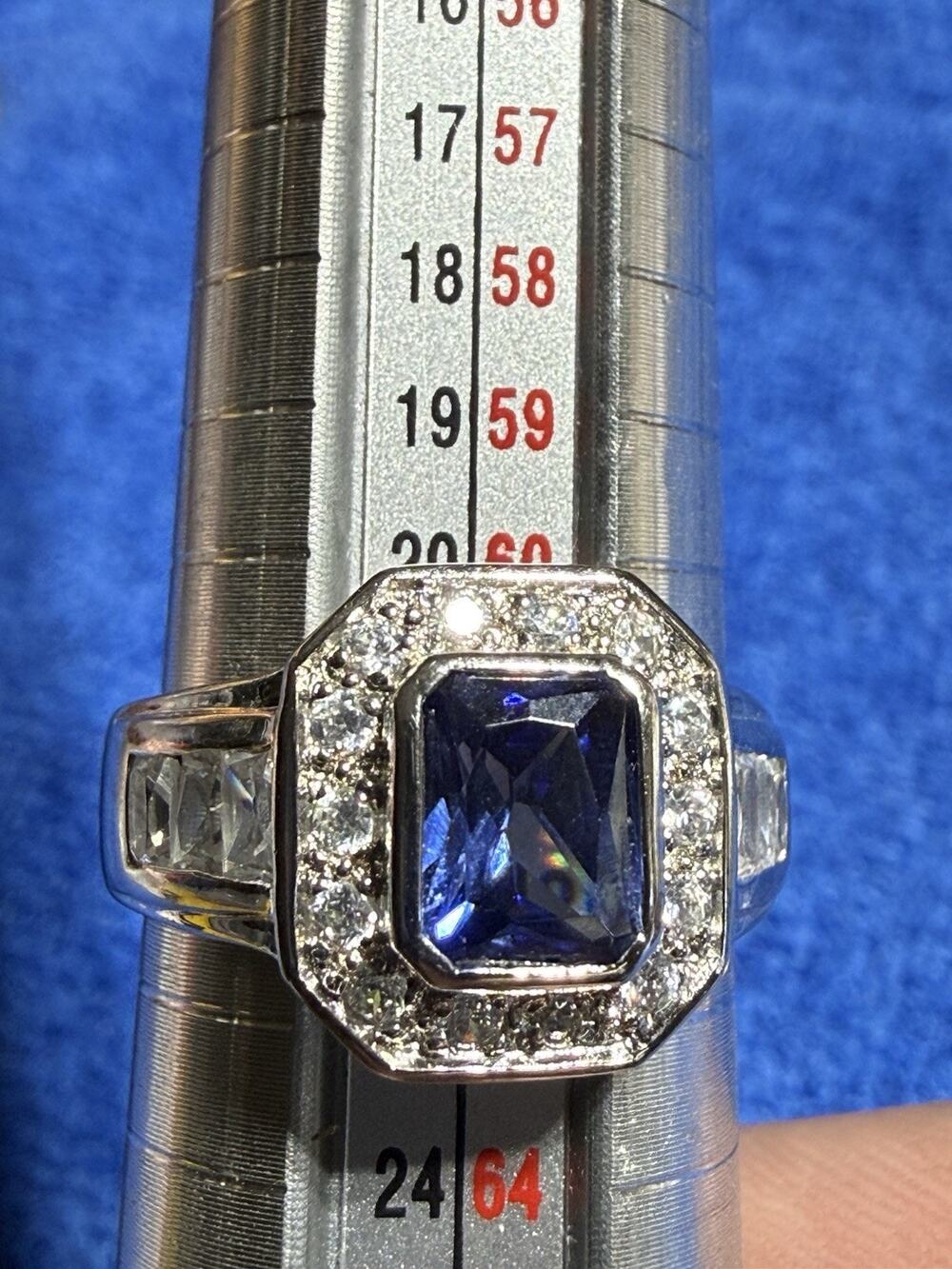 Vintage 925 Sterling Silver Blue Sapphire Halo Signet Statement Ring Sz 10